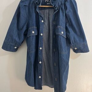 KMJ Signature Ruffle Collar Denim Botton-Down Shirt with 3/4 Sleeves, Size Small